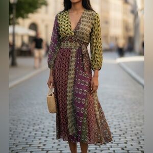 Zara Boho Wrap Duster Kimono XS Patchwork Print Tie Waist Festival Layer